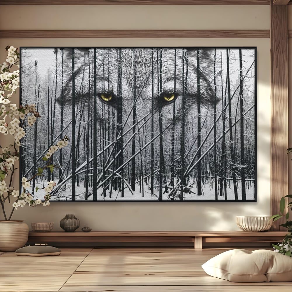 Tablou canvas cu tablou canvas cu ochi de lup si padure iarna, in rama de aluminiu negru